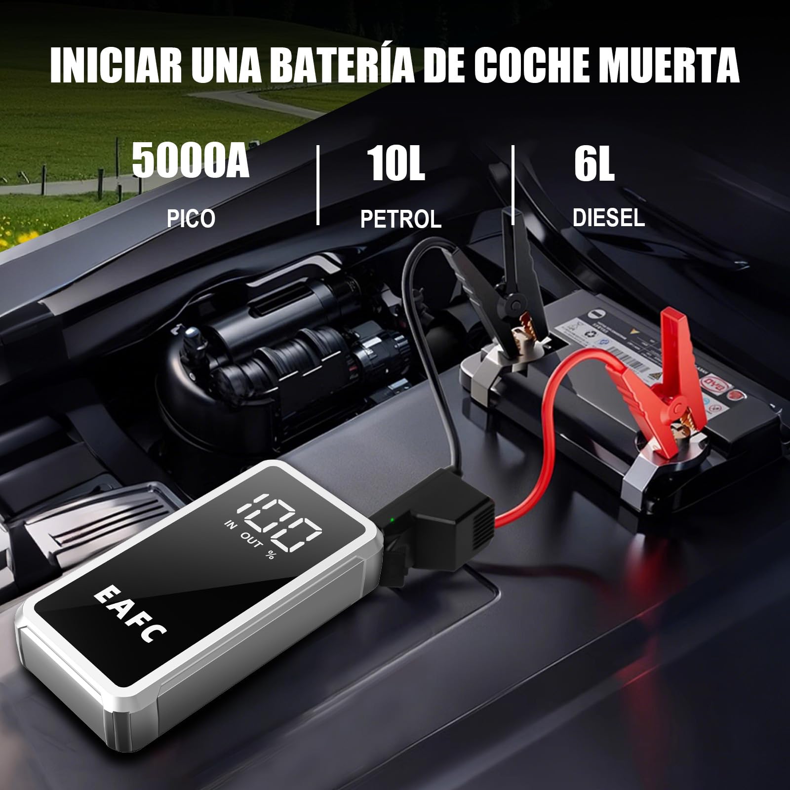 Arrancador De Coches 12000mAh, 5000A Arrancador De Baterias De Coche 12V(10L Gasolina/6L Diesel), Arrancador Bateria Moto con 3 Modos LED, Pantalla LCD, Salidas USB 2.0, Bolso de Mano