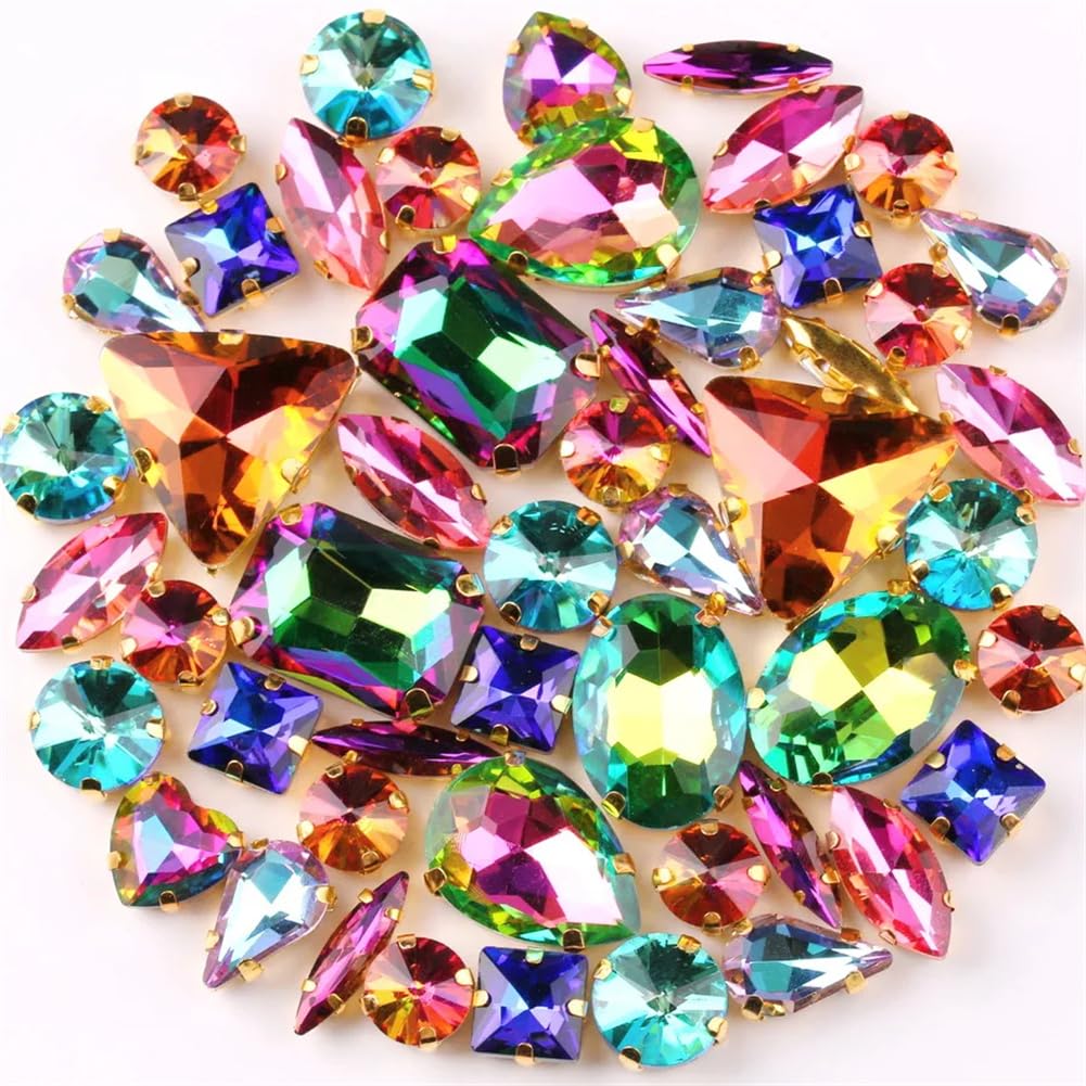 Strass en Verre, Strass à Coudre, Cristaux de Verre, Strass Griffes en Formes Assorties, Multicolores, lot 50(50pcs Rainbow Mix)
