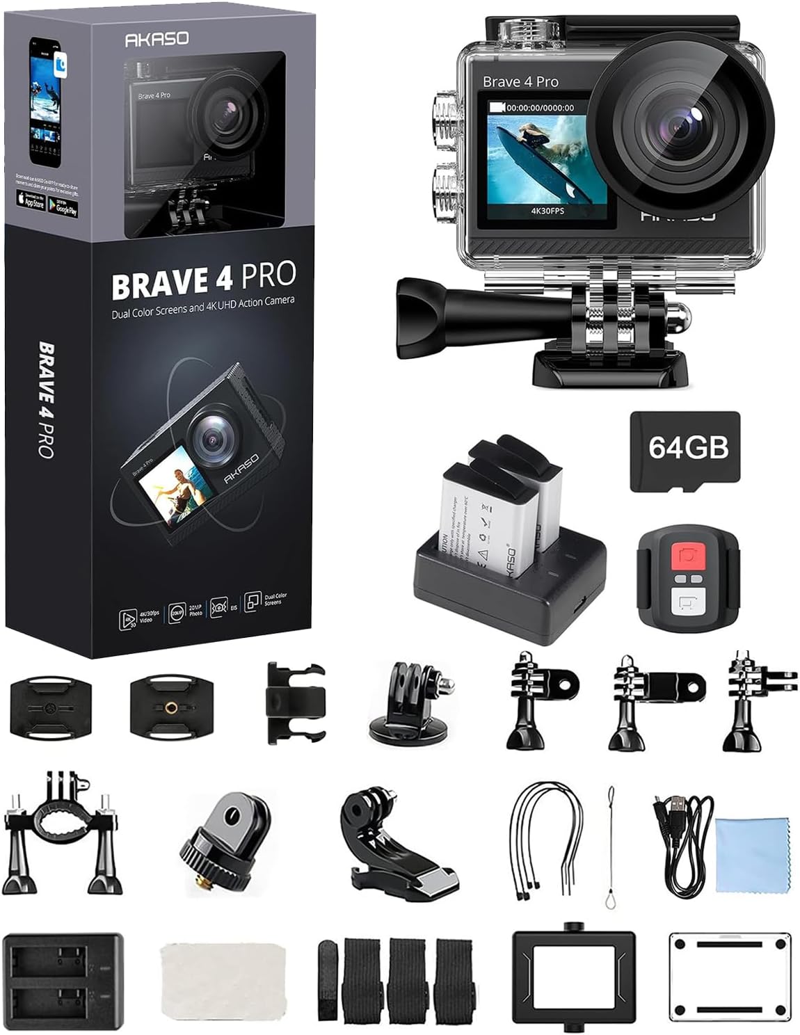 AKASO Action Camera Bundle with Brave 4 Pro 4K30fps Sports Camera, 64GB ...