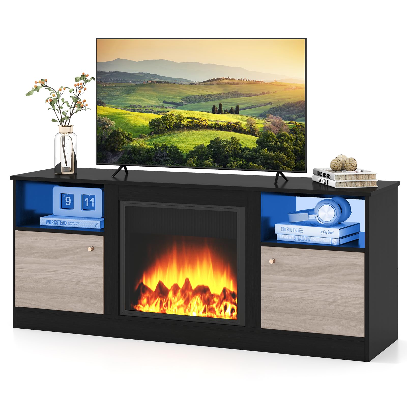 COSTWAY LED TV Stand Cabinet for 65 Inch TVs, Wooden Media Entertainment Center with RGB LED Lights, 2 Doors and Open/Adjustable Shelves for Fireplace, 147cm Living Room Bedroom TV Unit Console Table