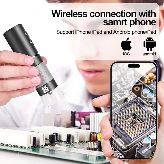 4K WiFi Digital Microscope Camera for iPhone Android Phone and Windows Mac PC 3840 x 2160P Wireless Handheld Microscope Portable Microscope for Adults and Children Grey