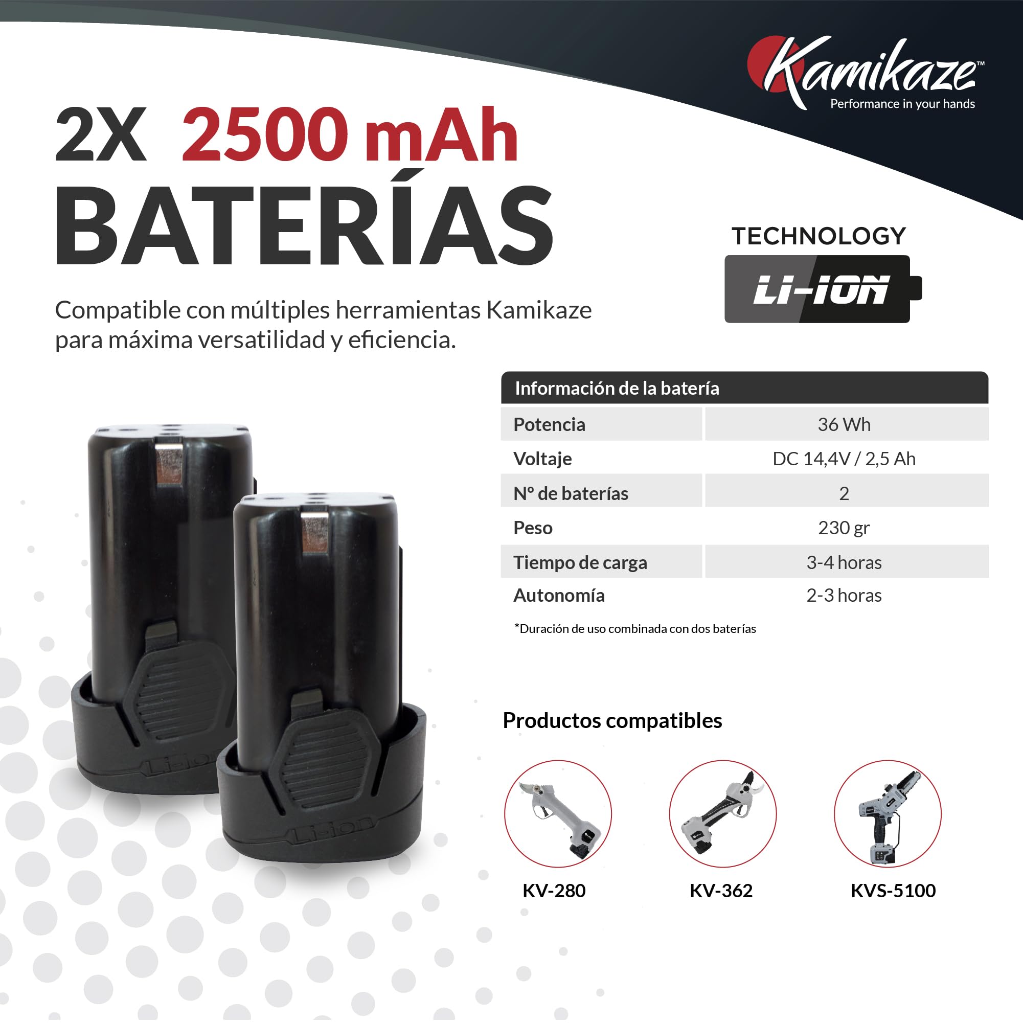 KAMIKAZE KV295 Tijera de Poda Eléctrica Profesional para Viña y Árboles Frutales, Corte 25 mm, 14,4V, 2,5Ah, Autonomía 6 Horas