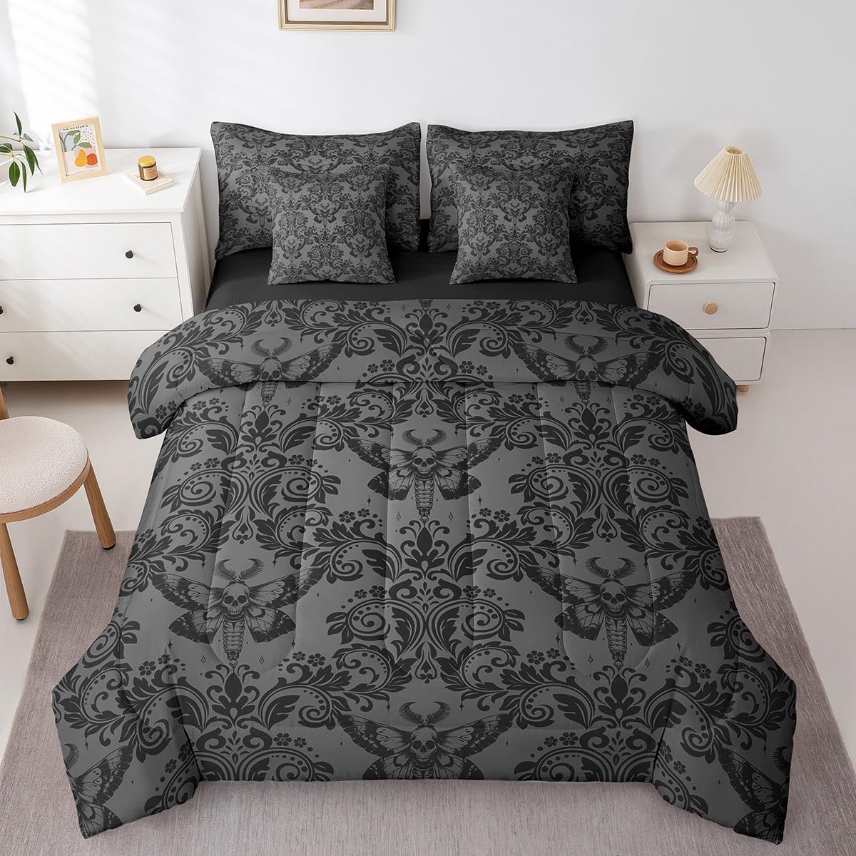 Feelyou Adults Gothic Moth Skull Bedding Set Queen Size Goth Dark Olive Green Vintage Damask Floral Comforter Set 7 Pieces Oriental Antique Comforters Bed in a Bag - Image 3