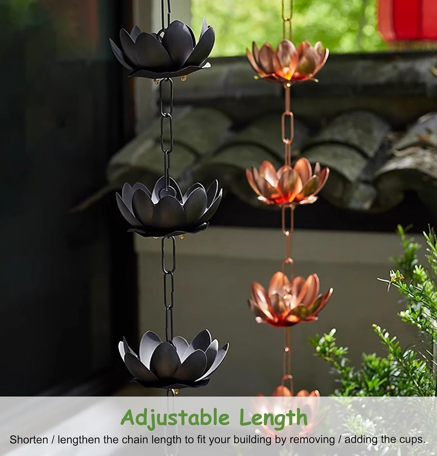 Gutter Rain Chain for Garden Patio Deck, Flower Cups Water Diverter Rain Chain Downspout, White/Black/Copper Colors Rain Chain Chime(Black,7.5m (24.6ft))