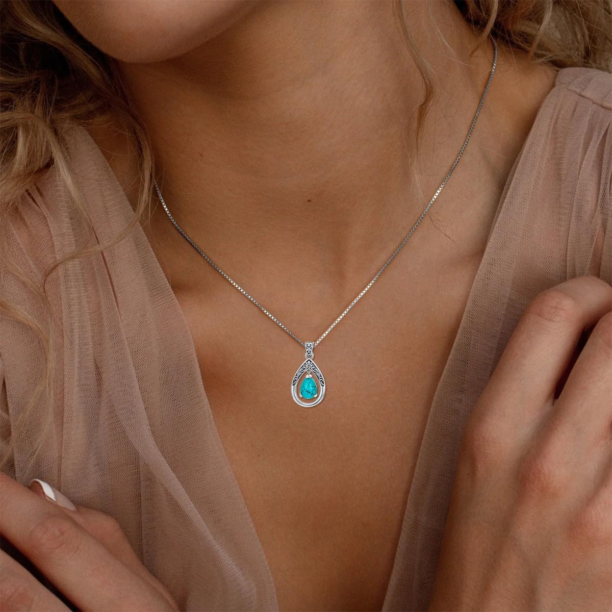 Genuine Turquoise Teardrop Pendant Necklace, Sterling Silver Vintage Native American Jewelry Birthdays Gift for Women - Image 4