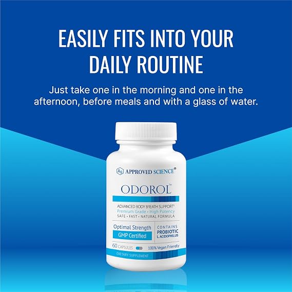 Approved Science Odorol - 60 Capsules - Freshen Bad Breath and Body Odor - Contains L.acidophilus, Green Tea, Magnolia Bark, Peppermint Oil, and Fennel - All Natural, Vegan Friendly, Non-GMO