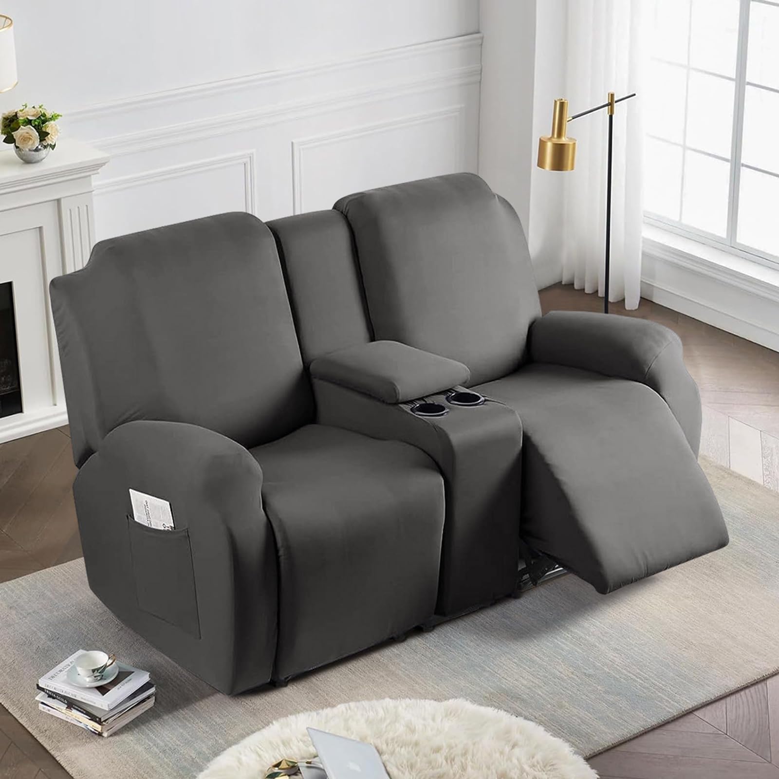 Funda de sillón relax reclinable para sala de cine en casa con consola central gris
