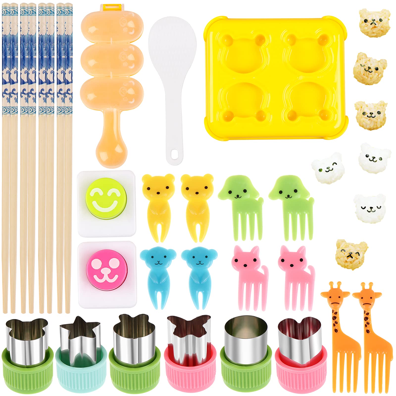 CNSJ Rice Ball Molds Sushi Decorating Mold with 1 PCS Maker Shake Mini Bear 6 Vegetable Cutters Shapes Set 10 Animal Food Picks 4 Blue and White Porcelain Chopsticks