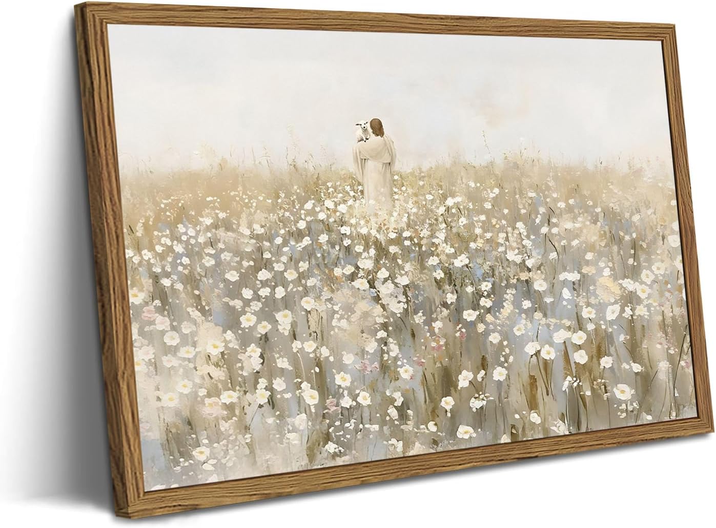 Framed Jesus and Lamb Canvas Wall Art, Christian Jesus Leaves the 99 Sheep Paintings Wall Decor, Lost Lamb Pictures Canvas Prints Religious Home Decor for Church Prayer Room Living Room 12x16 Inch