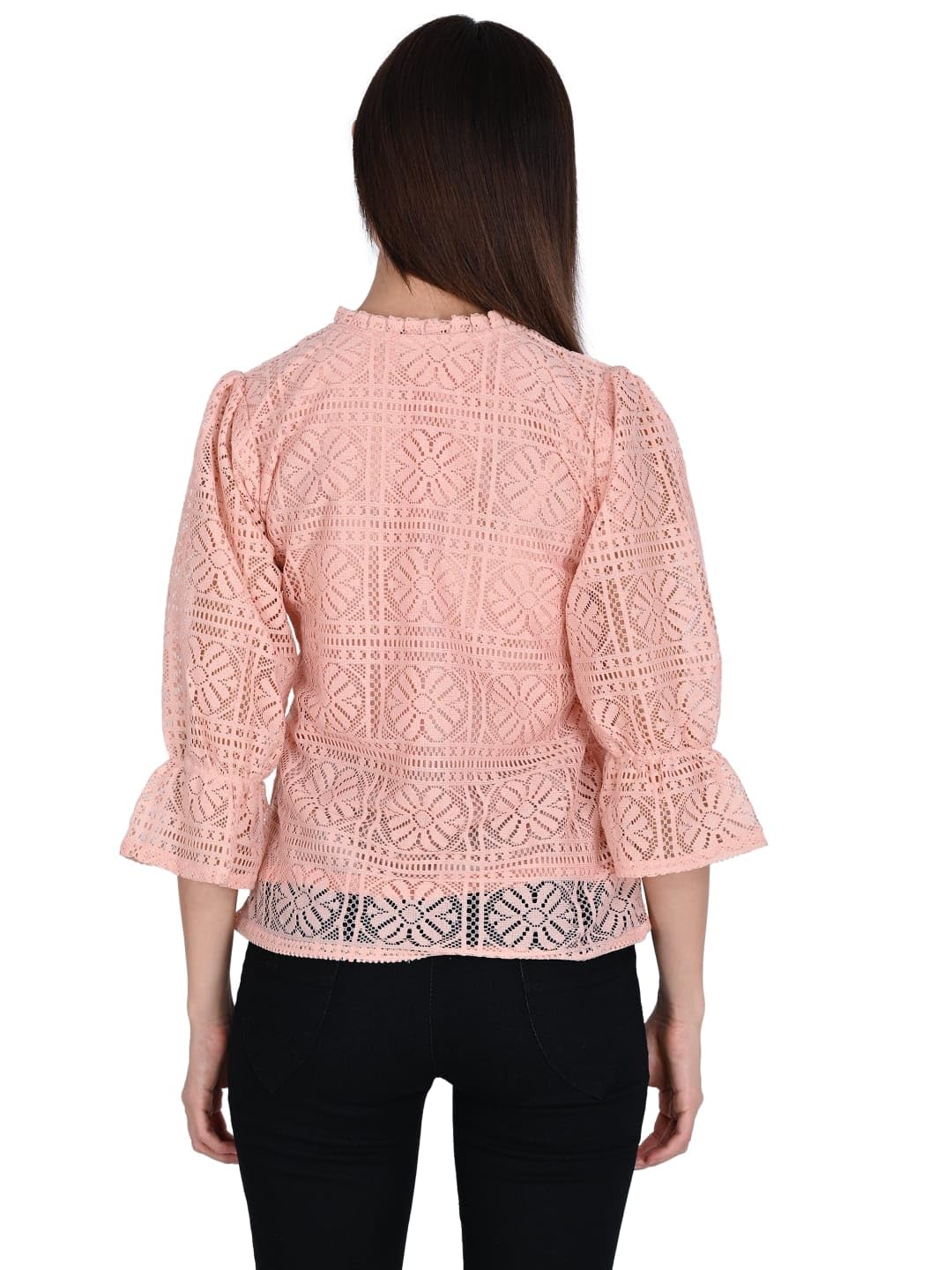 ORIEX THE ORIGINAL FASHION ORX-Girls tie up Neck Long Bishop Sleeves Knitted net top-141 (in, Alpha, XL, Regular, Peach) - Image 2 thumbnail