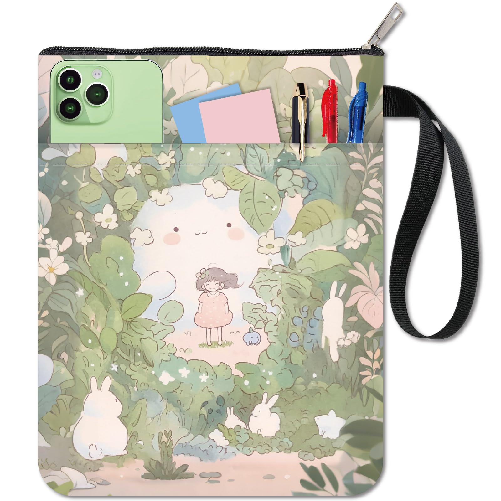 CRASPIRE 11x8.6In Book Sleeve Green Leaves Rabbit Protector Bookcovers Paperbacks Washable Fabric Cloth Pouch Handle with Zipper Extra Front Pocket for Book Lovers Readers Notebook Wraps Friend Gifts