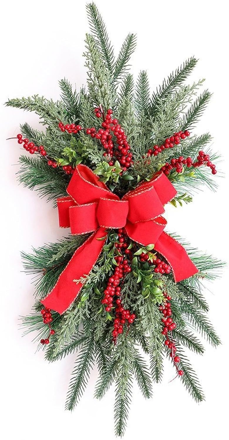 2PCS Christmas Swag Decorations for Front Door Window Home 11.8inch Artificial Christmas Stair Swags with Bow Xmas Garland for Chair Back Indoor Outdoor Hanging Decor (Red)