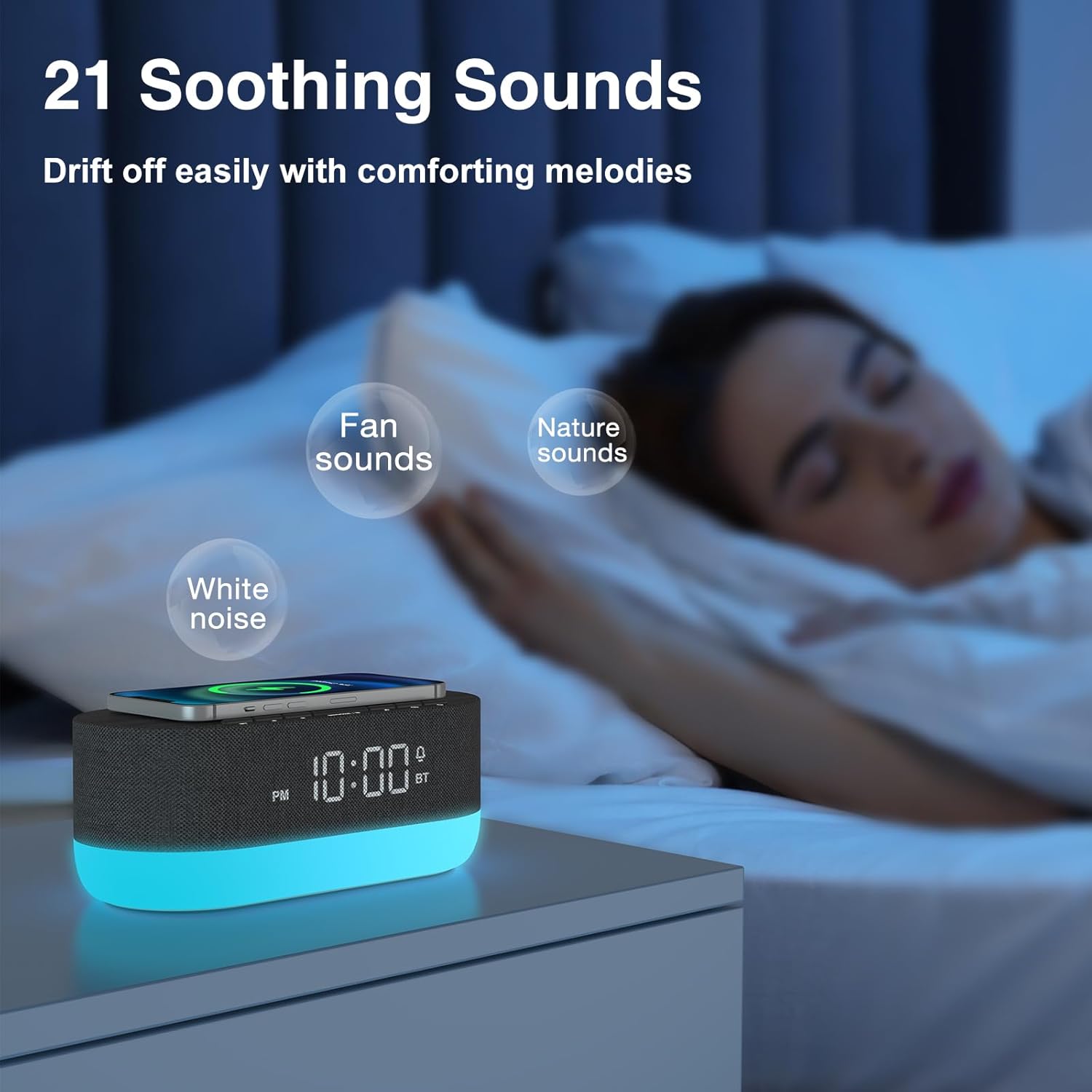 HOUSBAY Sound Machine with Alarm Clock for Bedrooms, Dual Speakers, 21 HiFi Sounds, 10W Wireless Charger, Unlimited Sound, Bluetooth, 10 Night Light, White Noise Machine for Sleeping, Black