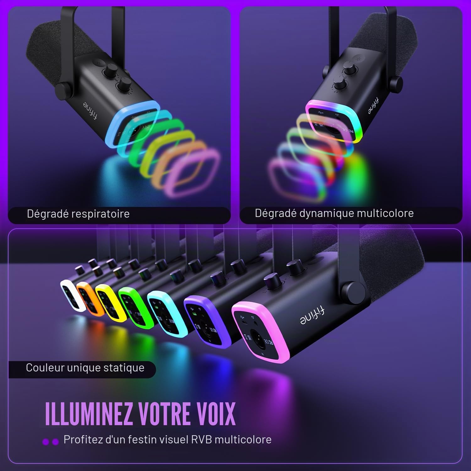 FIFINE Microphone dynamique USB/XLR pour enregistrement de podcast, microphone de jeu sur ordinateur PC avec lumière RVB, bouton muet, prise casque, support de bureau, micro vocal pour chanter