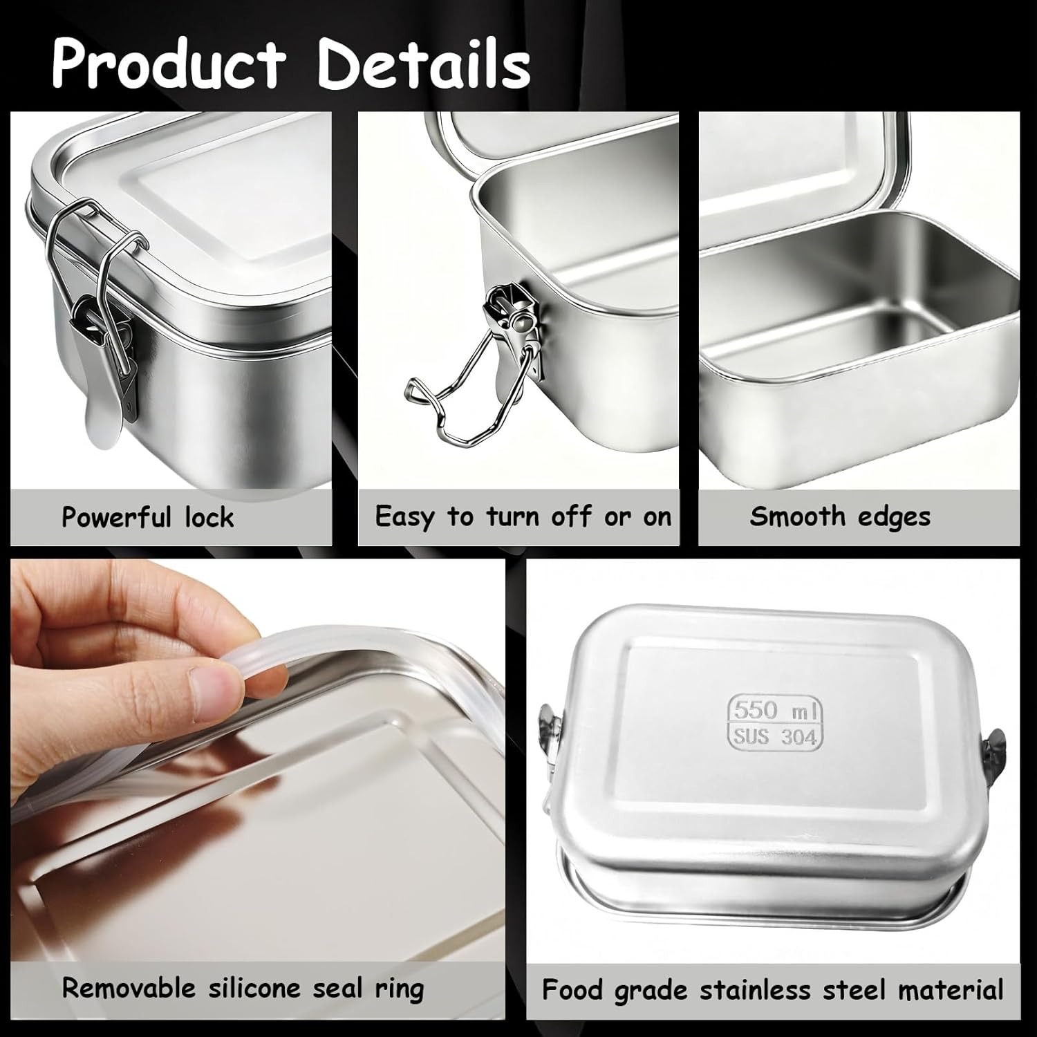 4 PCS Stainless Steel Bento Box,Food Containers Metal Lunch Box Stainless Steel Food Storage Containers,Lockable Clips to Leak Proof,Reusable Portable Dishwasher Safe Lunch Snack Boxes (550ML,4PCS)