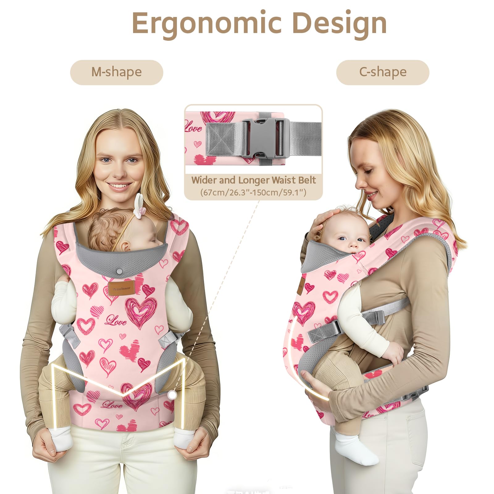 YooxAromr Marsupio Neonato,Ergonomico Regolabile Marsupio per Neonati 3-36 Mesi(3-30kg),Confortevole Fascia Neonato con Poggia Testa,Rosa