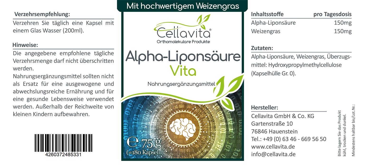 Cellavita – Alpha Liponsäure Vita – Nahrungsergänzungsmittel Alpha Liponsäure 180 Kapseln im Glas– Unterstützung von Stoffwechsel