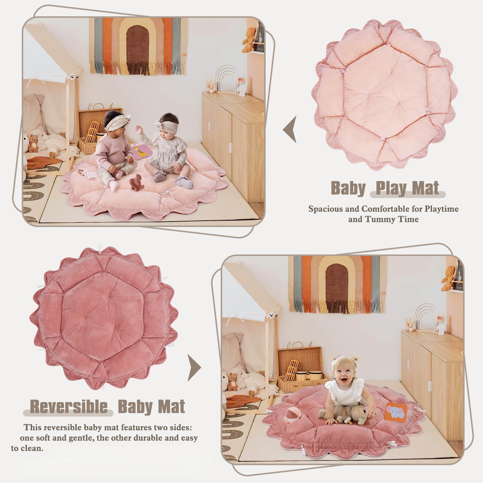 5-in-1 Plush Baby Play Gym, Baby Play Mats, Convertible Baby Gym with Pillow, Tummy time mat, 6 Sensory Toys, Baby Activity Center from Newborn to Toddler, Pet Bed, Cat & Dog Bed, Ball Pit, Pink