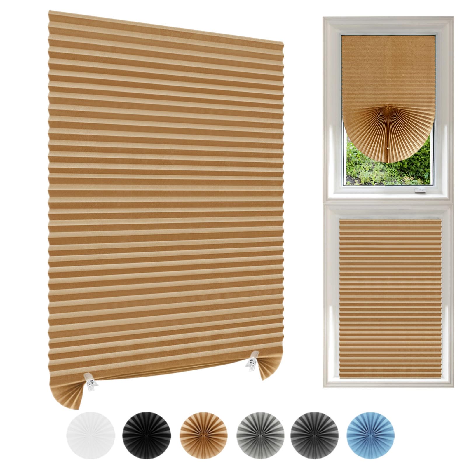 Temporary Blinds Stick On Cut to Size Non-woven Fabric No Drill Self Adhesive Pleated Paper Window Shades for Bedroom Kitchen Bathroom Windows Patio French Doors (4, Brown, WxH 60x150cm)