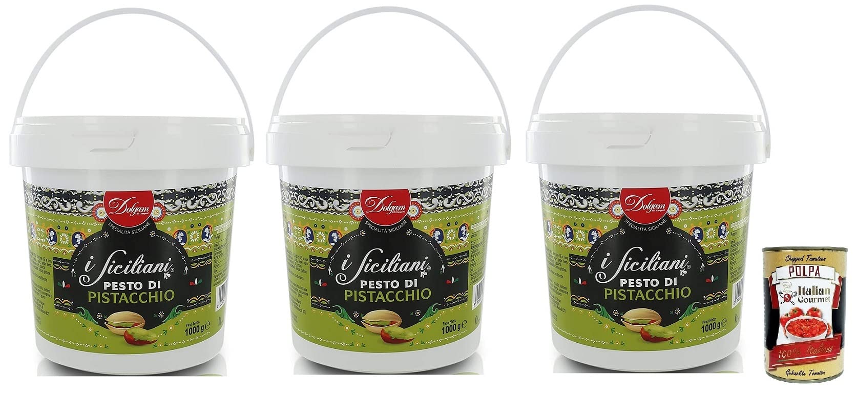 Italian Gourmet Bundle Pistazien Pesto 3x 1kg + Italian Gourmet Polpa Gratis – Cremiges Pesto mit Pistazien, Großpackung für Pasta, Bruschetta, Pizza, Antipasti, Saucen, Gastronomie & Vorrat 3kg