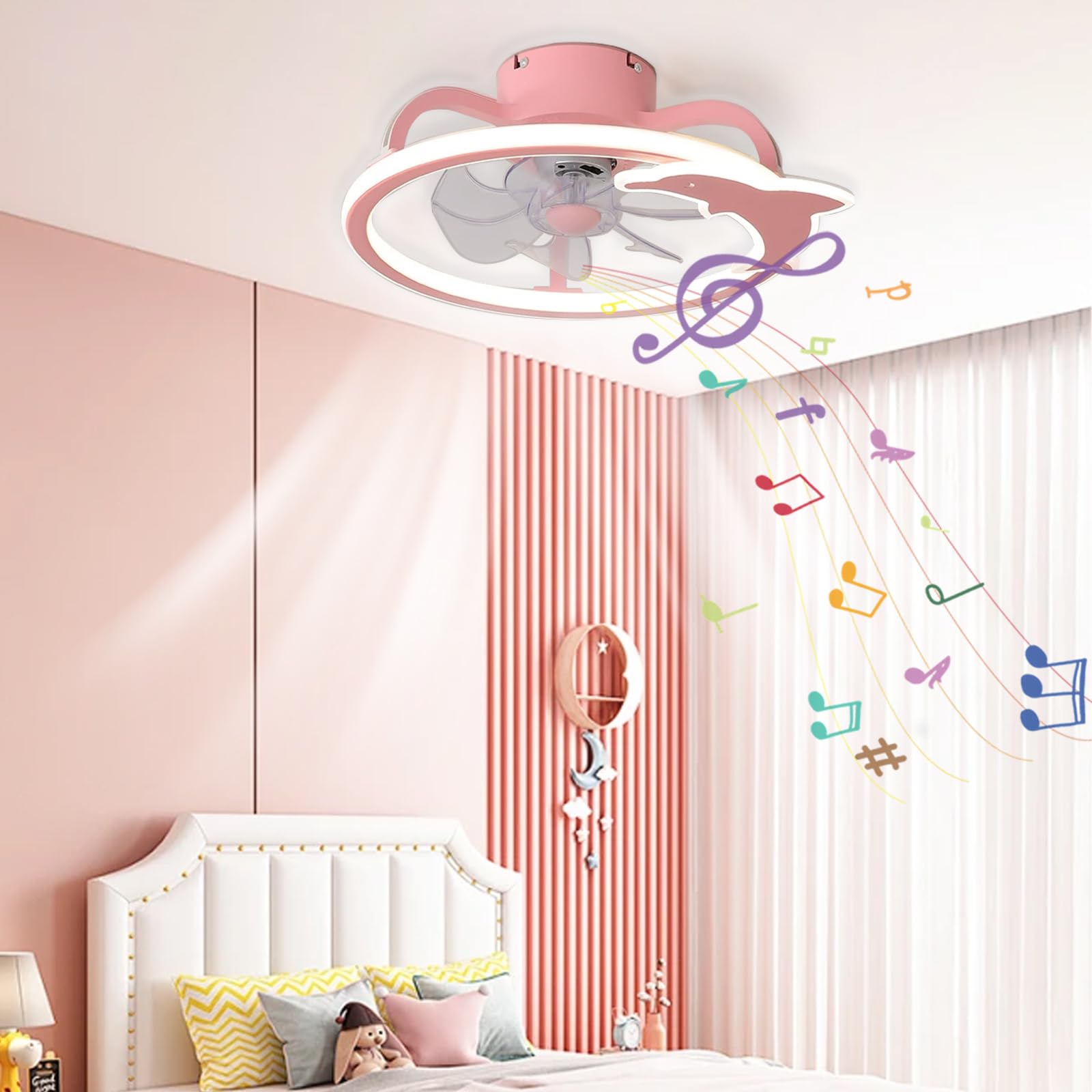 Ventilador de Techo Infantil Regulable con Forma de delfín, luz y Mando a Distancia, Ventiladores de Techo Modernos para Dormitorio Infantil con lámparas, Ventiladores de Techo LED