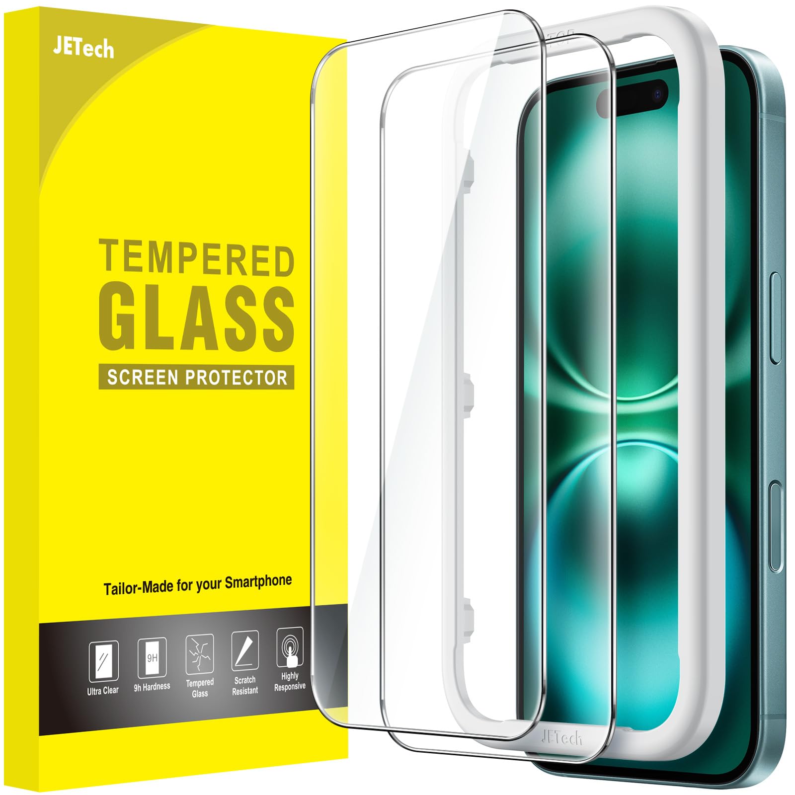 JETech Schutzfolie für iPhone 16 Plus 6,7 Zoll, Gehärtete Glas Displayschutz mit Einfachem Installationswerkzeug, Hat Keinen Einfluss auf die Hülle, HD Klar, 2 Stück
