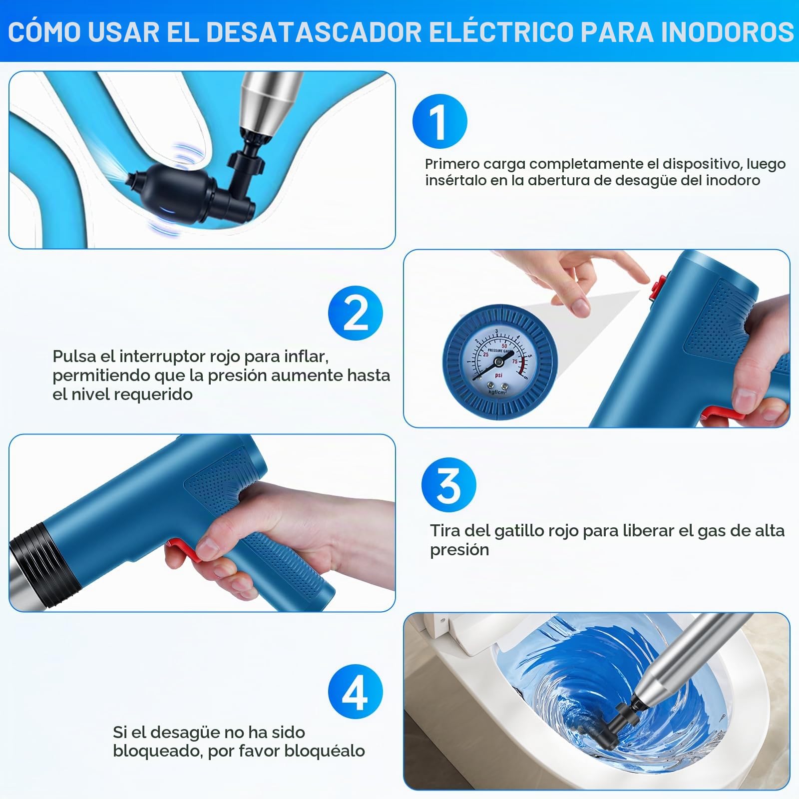 Desatascador Tuberías WC, Desatascador eléctrico, Desatascador de Tuberías de Alta Presión con Manómetro, para Inodoro, Lavabo, Fregadero, Ducha y Bañera