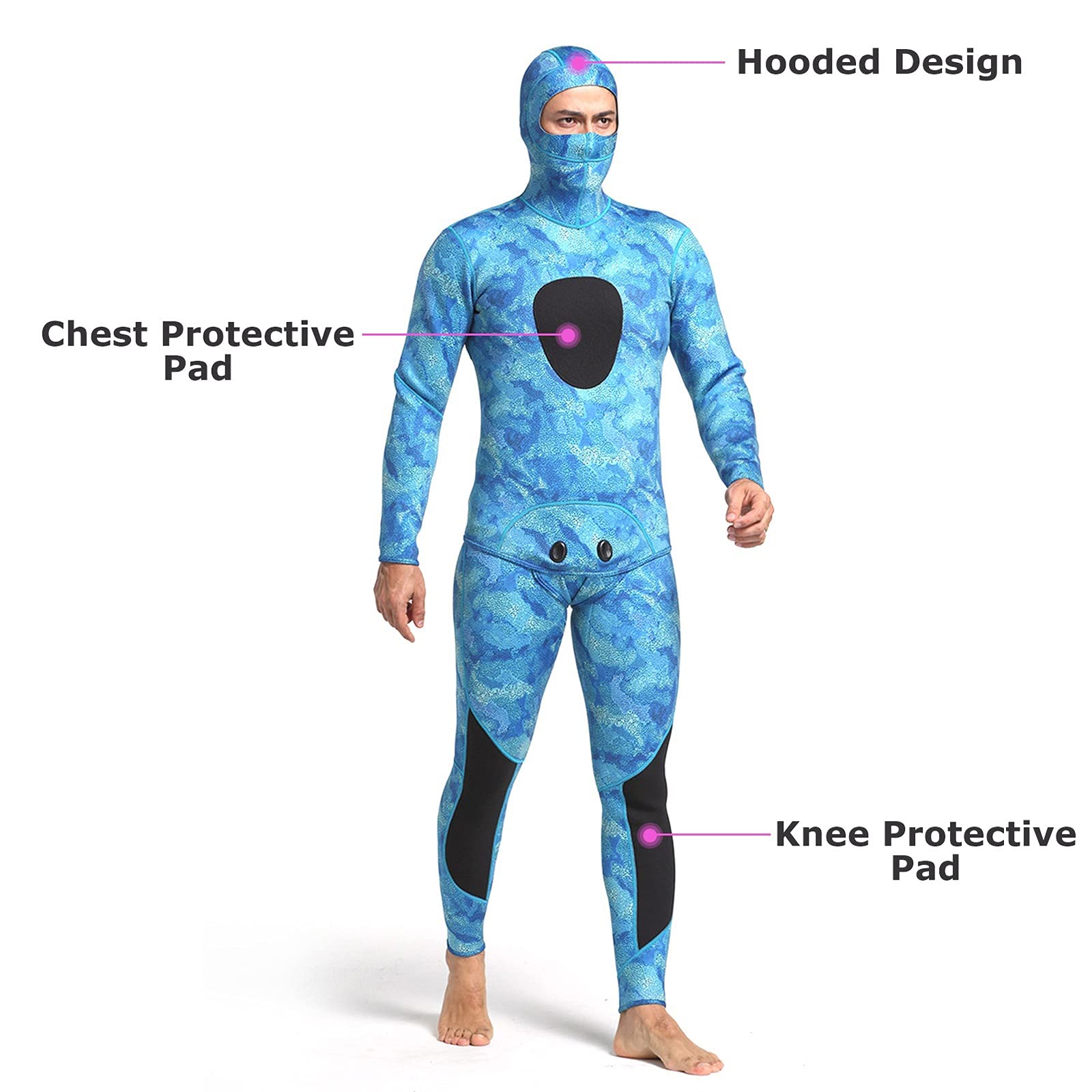 Muta umida da uomo, 2 pezzi, 3 mm, in neoprene, con cappuccio, a maniche lunghe, per immersioni, snorkeling, pesca subacquea, surf, tuta da bagno (C, XXL)