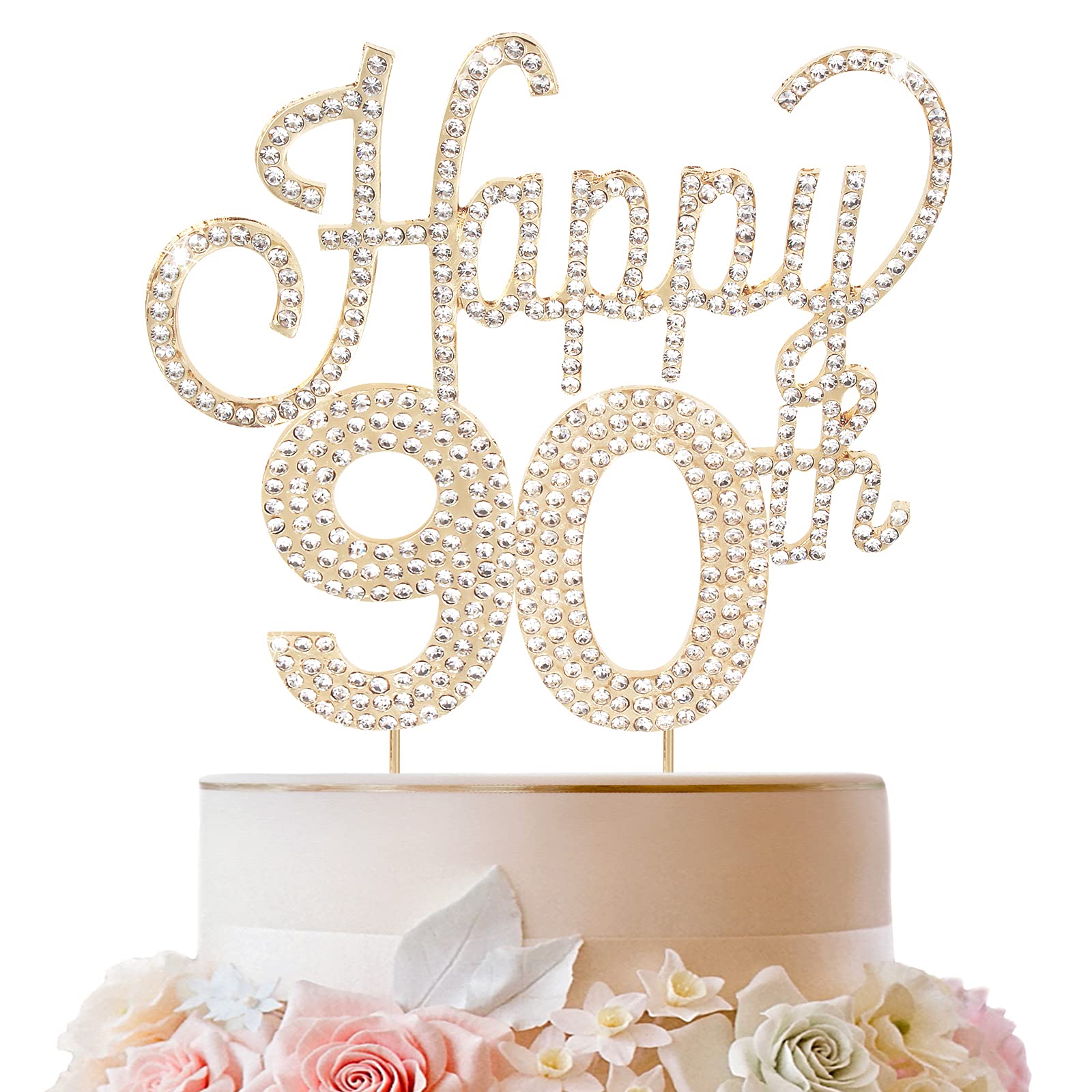LINGTEER Tortenaufsatz "Happy 90th Birthday", goldfarben, mit Strasssteinen – "Cheers to 90th Birthday", 90. Geburtstag, Party-Kuchenaufsatz, Dekoration, Geschenkschild.