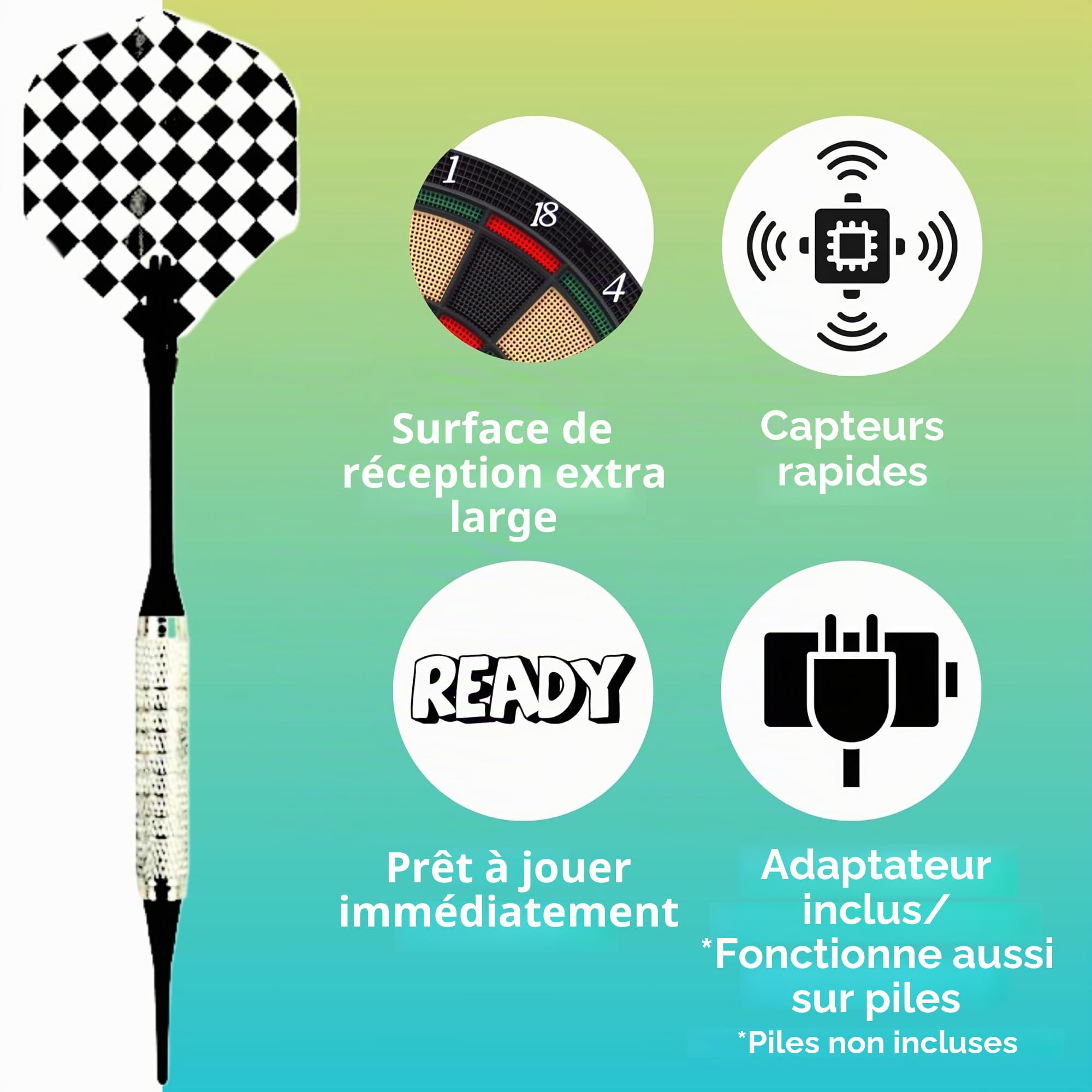 Ensemble de fléchettes Best Sporting Chester - Cible avec affichage LCD, 6 fléchettes électronique et pointes de rechange - Avec adaptateur secteur