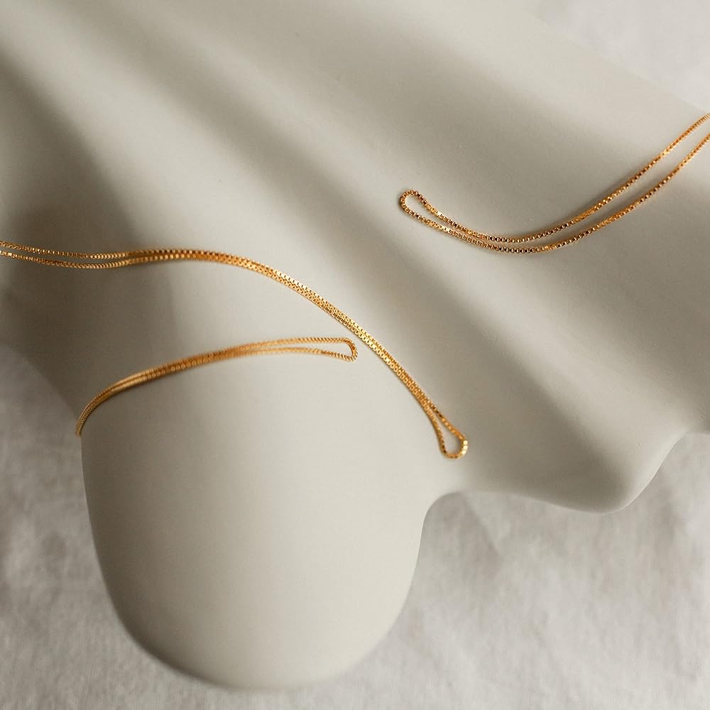 Tewiky Gold Chain Necklace for Women, 14k Gold Plated Thin Beaded Wave Box Chain Necklace Dainty Gold Necklace Simple Layered Gold Choker Necklaces Minimalist Gold Link Chain Necklace Trendy Jewelry for Women