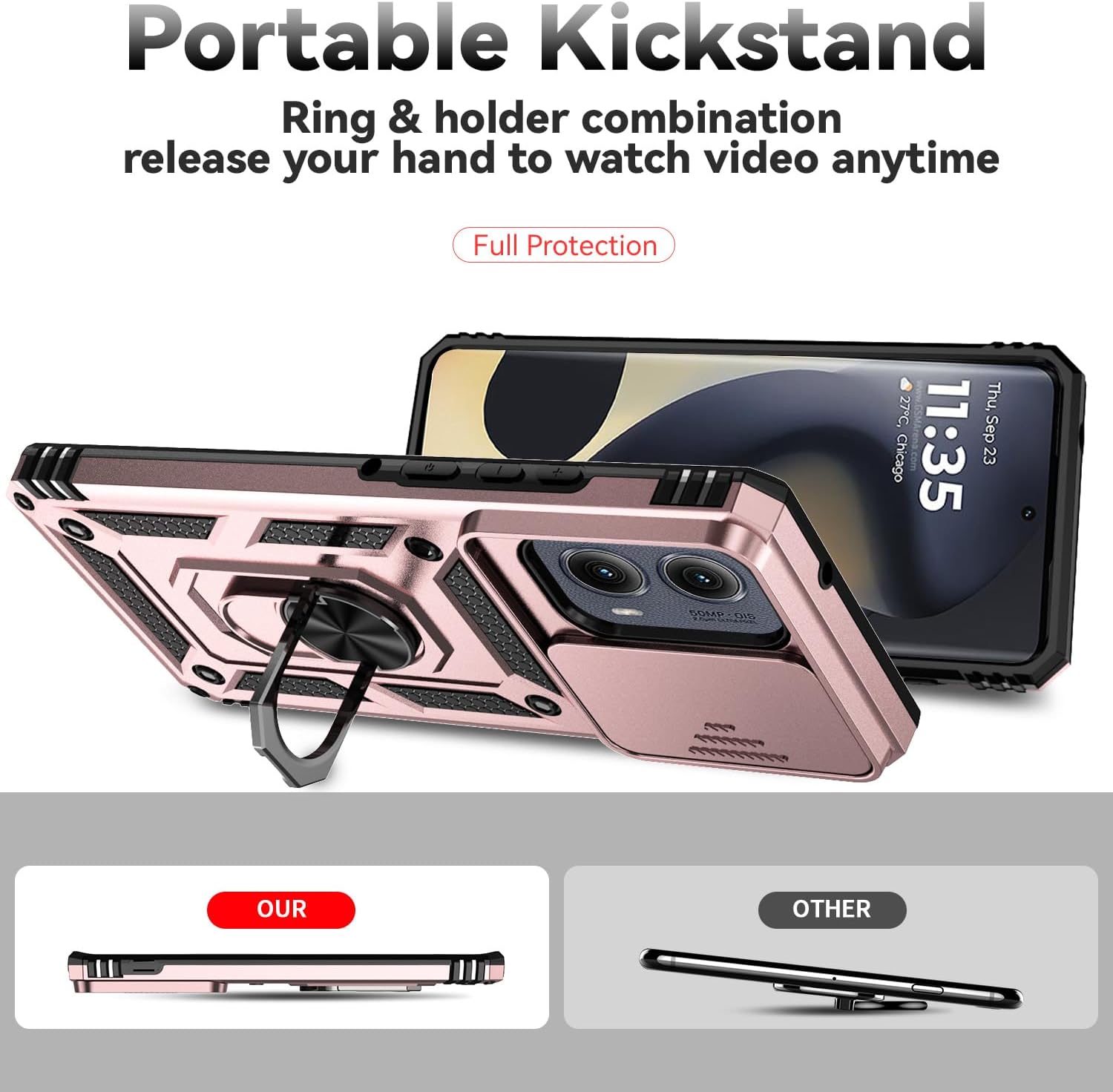 SunStory for Motorola Moto Edge 2024 Case with HD Screen Protector & Slide Camera Cover & Rotated Ring Kickstand, [Military-Grade] Phone Case for Moto Edge 2024, RoseGold