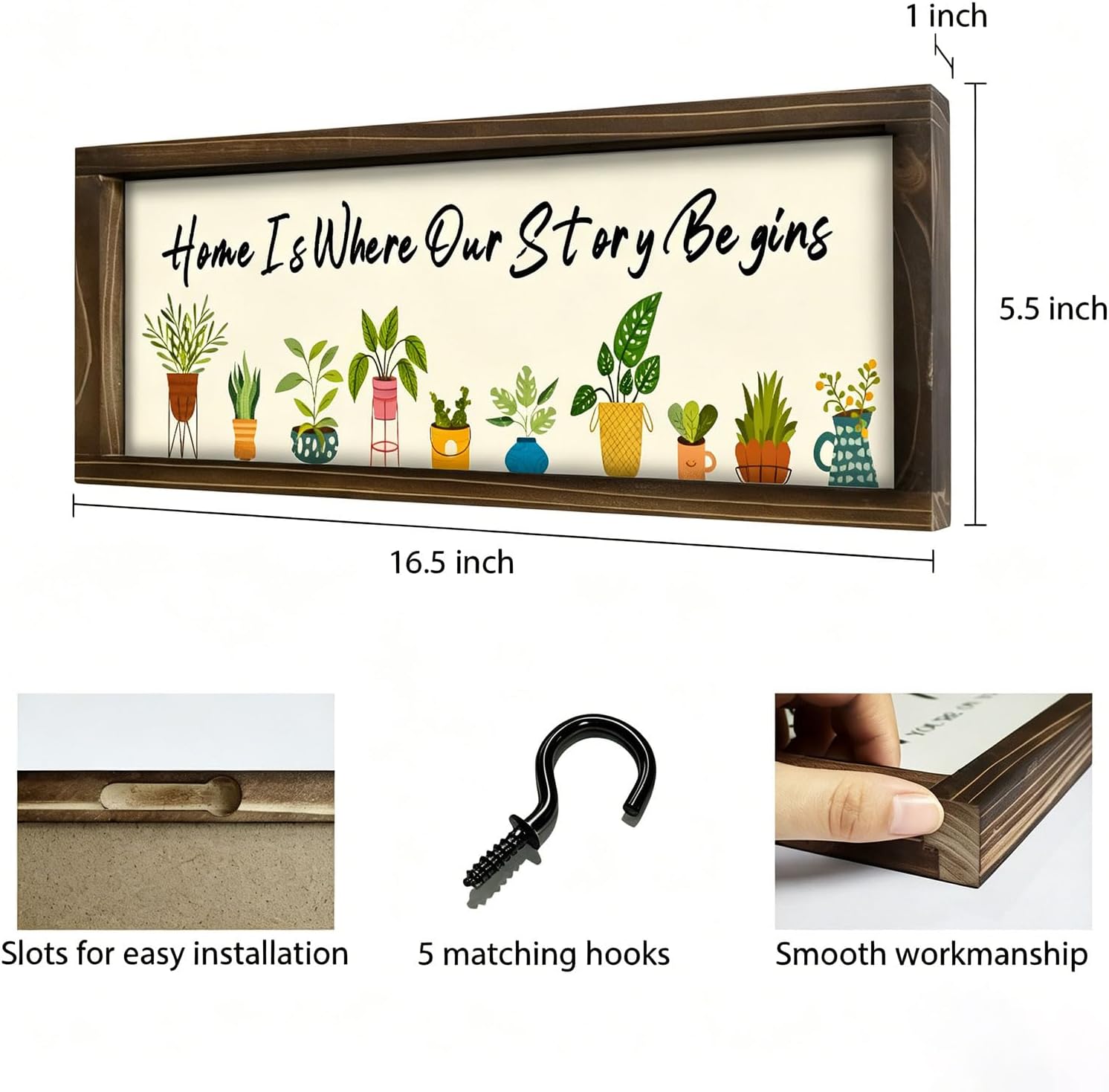 Kas Home Rustic Wooden Key Rack Hanger for Entryway, Hallway & Home Decor, Entryway Key Hanger with 5 Metal Hooks for Coats, Bags and Dog Leashes. (Brown-1, 16.5×5.5)