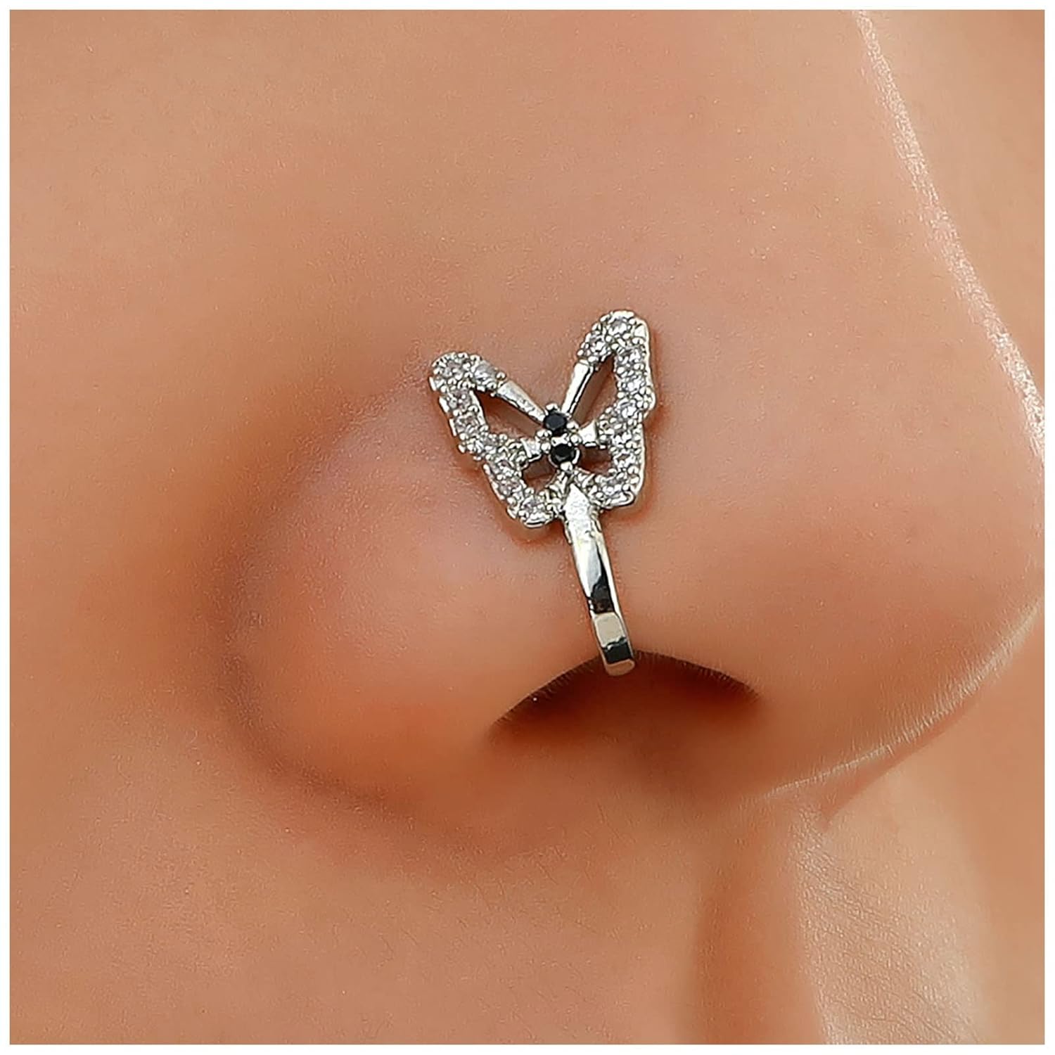 Sttiafay Vintage Rhinestone Butterfly Nose Ring Butterfly Nose Cuff Silver Fake