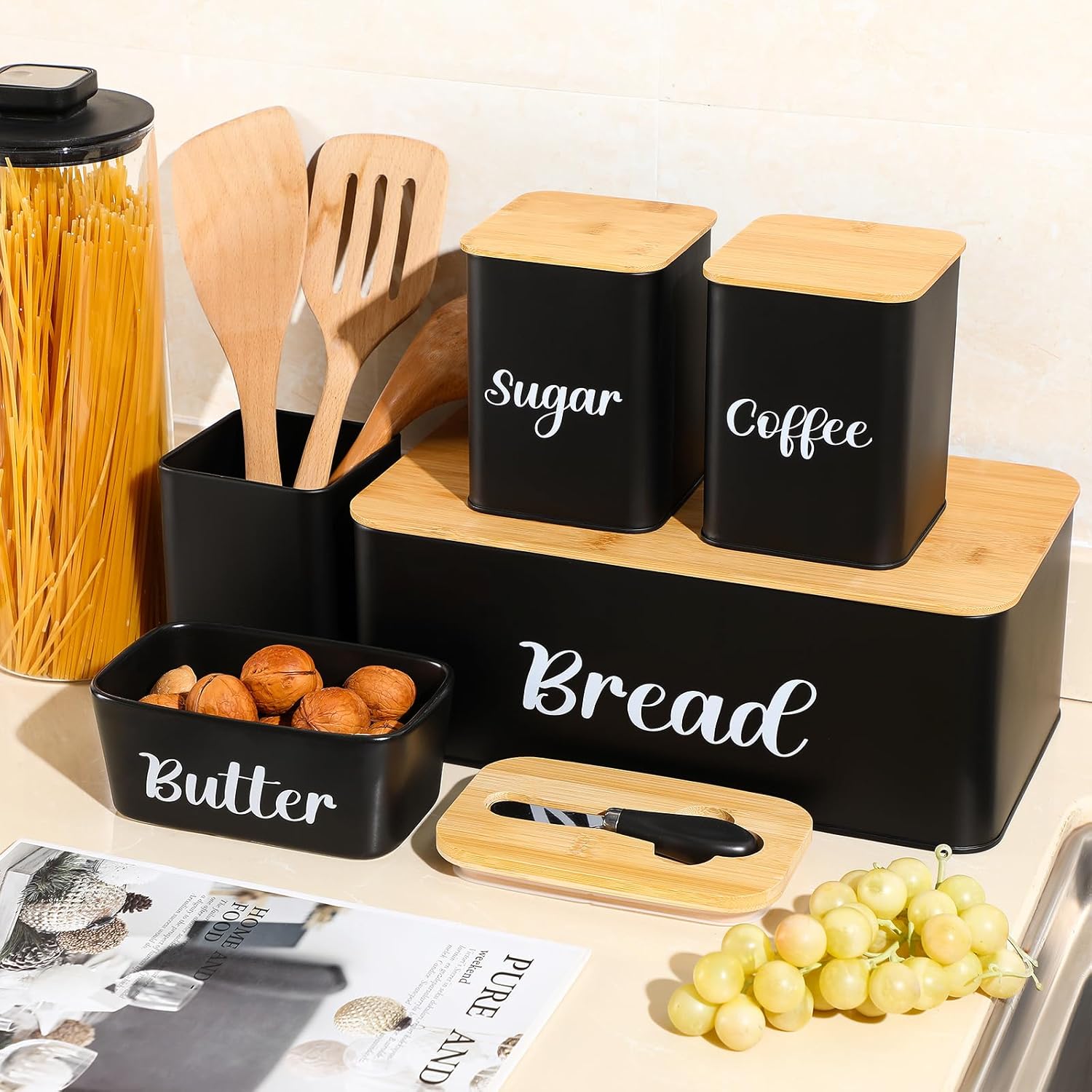 Domensi Metal Bread Box and Ceramic Butter Dish with 3 Airtight Kitchen Canisters Farmhouse Storage Canister Set for Kitchen with Bamboo Cutting Board Lid and Stainless Steel Butter Knife(Black)