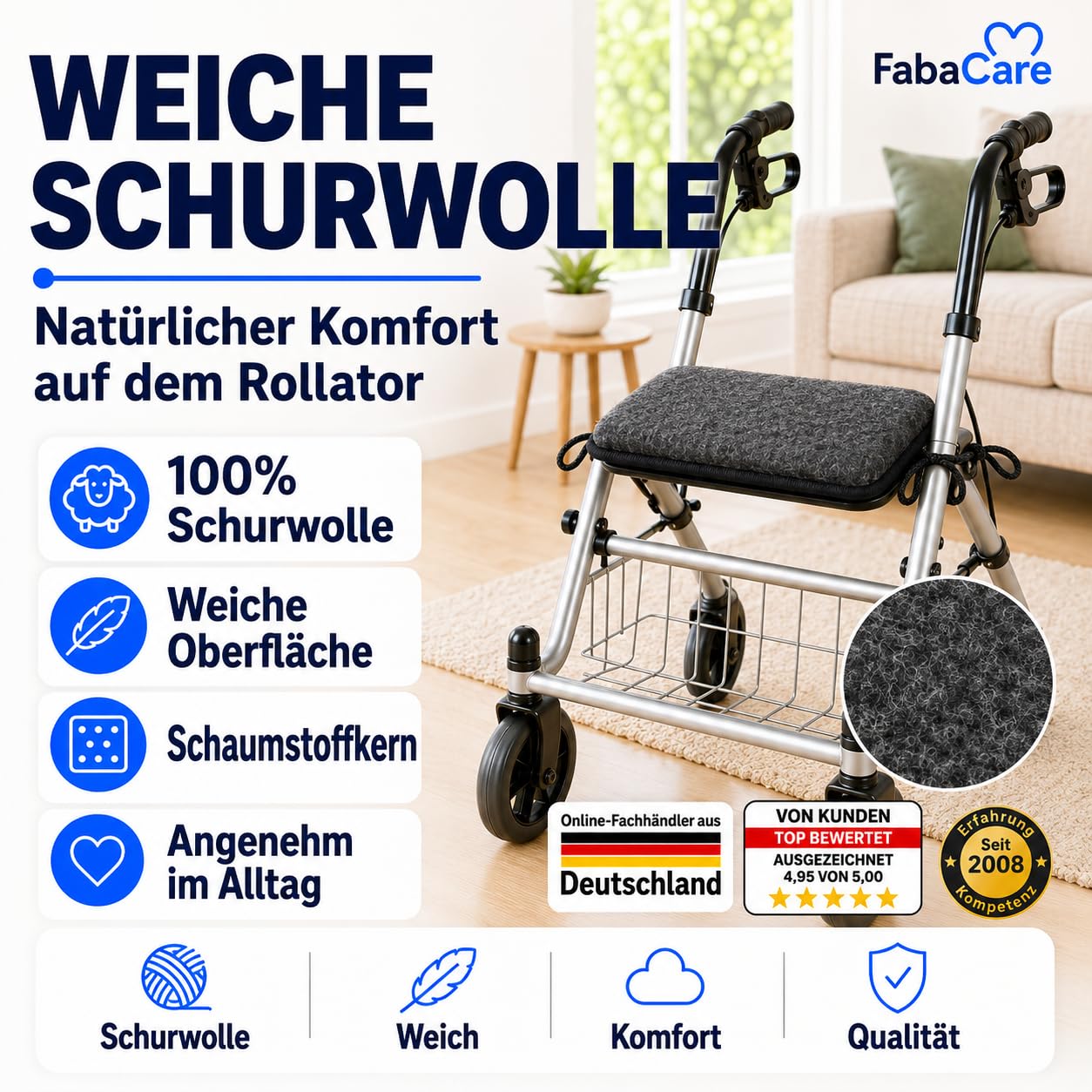 FabaCare Rollator Sitzpolster 40x20 cm Anthrazit | 100 % Schurwolle-Sitzkissen mit 2 Befestigungsbändern, Schaumstoffkern, atmungsaktiv, bequem & bei 30 °C waschbar