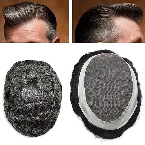 Miniatura 10 de Tupé para hombre, pieza de cabello humano real, encaje francés con piel de poliéster alrededor del sistema de cabello, 7 x 9 pulgadas, unidad de
