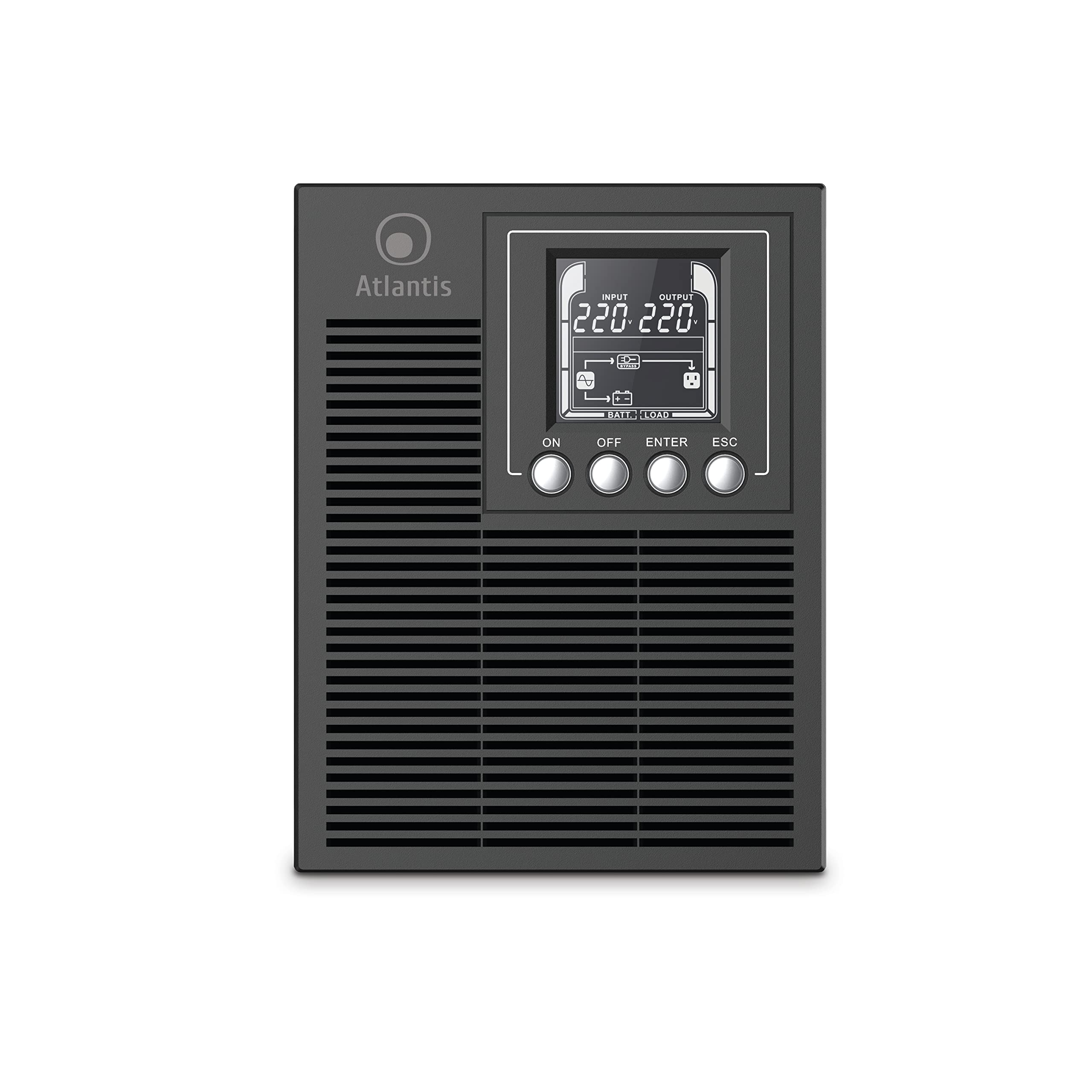 Atlantis A03-OP1002XLN UPS OnLine 88% Più Silenzioso Gruppo di Continuità Server Doppia conversione Onda Sinusoidale Pura 1000VA 700W, Ventola Low Noise Gelid 23,6 dbA,USB,2 Schuko + 1 IEC, 2x12V-9Ah