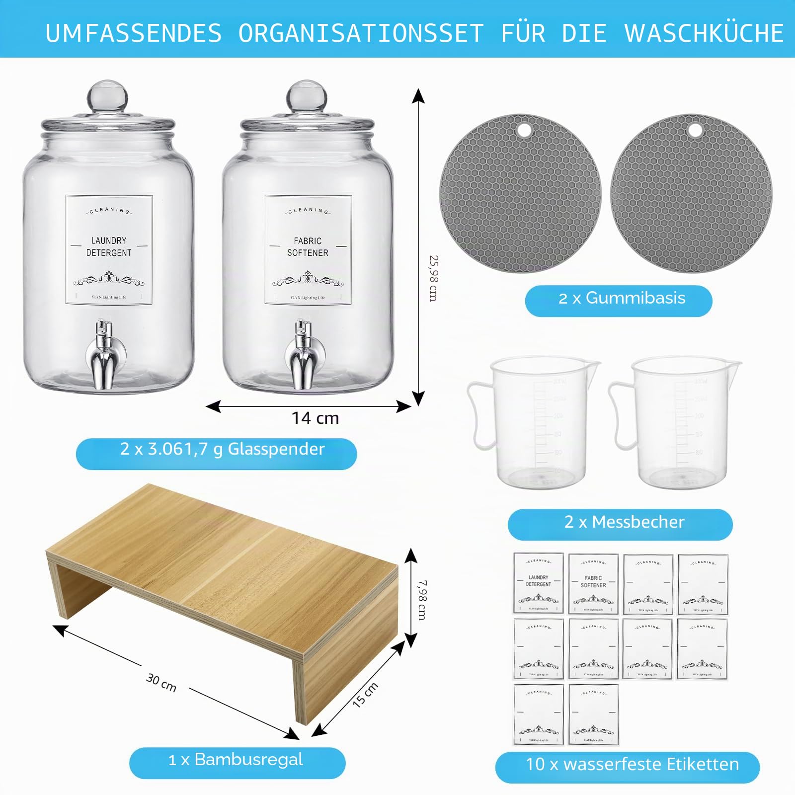 2er-Pack Glas-Waschmittelspender mit Ständer, 3005.0 g auslaufsicherer Glas-Stoffweichspüler-Spender, Wäscheseifenspender, wiederverwendbarer Behälter für Küche und Badezimmer