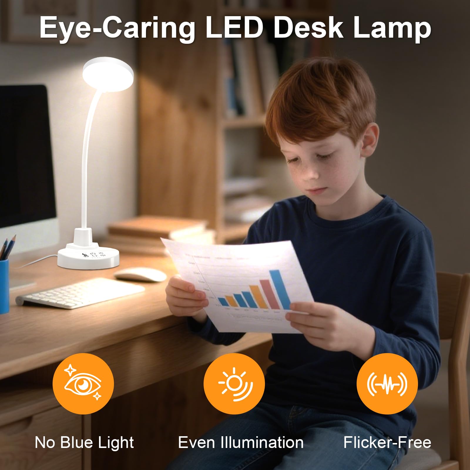 Lámpara de escritorio LED de 15W con USB-A y USB-C – Regulable, 3 temperaturas de color, 5 niveles de brillo, 4 temporizadores, cuello de cisne flexible de 360°, protección de los ojos