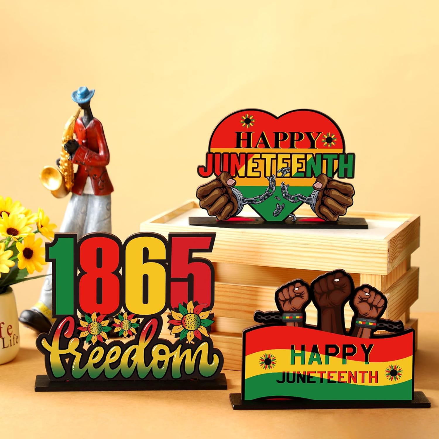 Suzile 6 Pcs Juneteenth Day Decorations Wooden Happy Juneteenth Table Centerpieces Freedom Day Table Signs Wood 19th June 1865 Black American Independence Tabletop for Home Desktop Decor