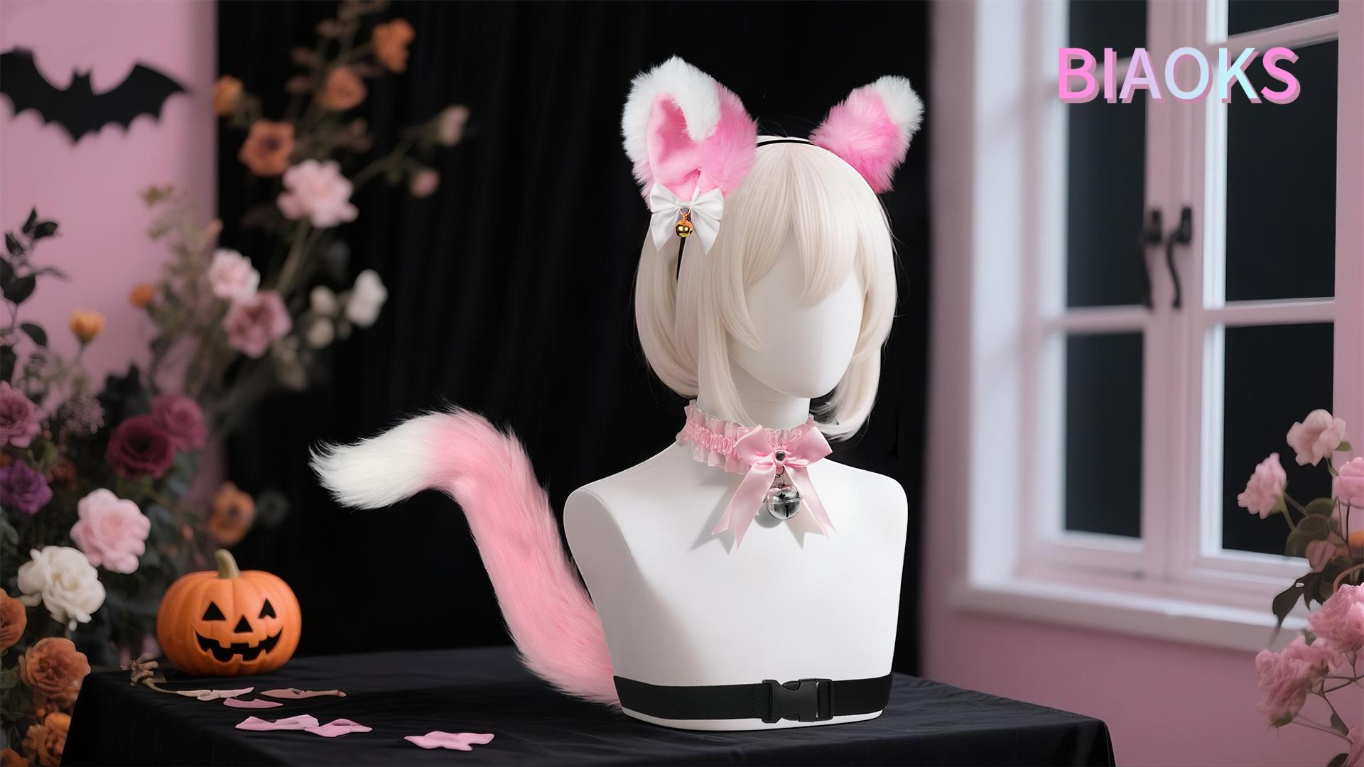 Faux Fur Cat Ears and Long Tail Set with Bell Collar - Halloween Cosplay Outfit 3 Pcs Cat Ears and Tail Adult Cat Tail Cosplay Cat Ear  main image 2