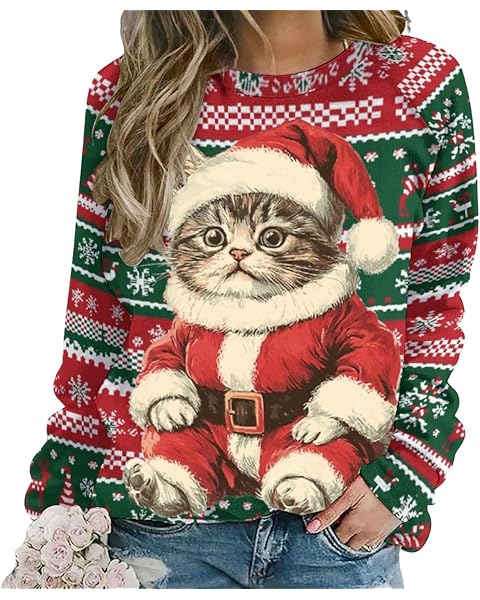 Womens Ugly Christmas Sweatshirt Funny Cat Dog Printed Xmas Pullover Shirts Crewnec...
