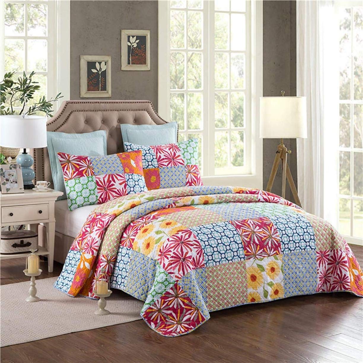 Sjdopulse 230×250Cm Patchwork Bedspread Color Print Checkered Quilted Quilt With 2 Pillowcases, 230 * 250Cm