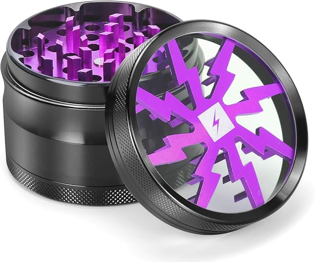 Herb Grinder Clear Cover, Portable Grinders Herb with Sifter and Magnetic Top Best Grinder for Most Herbs with Pollen Scraper 63mm 4 Layers (Purple)