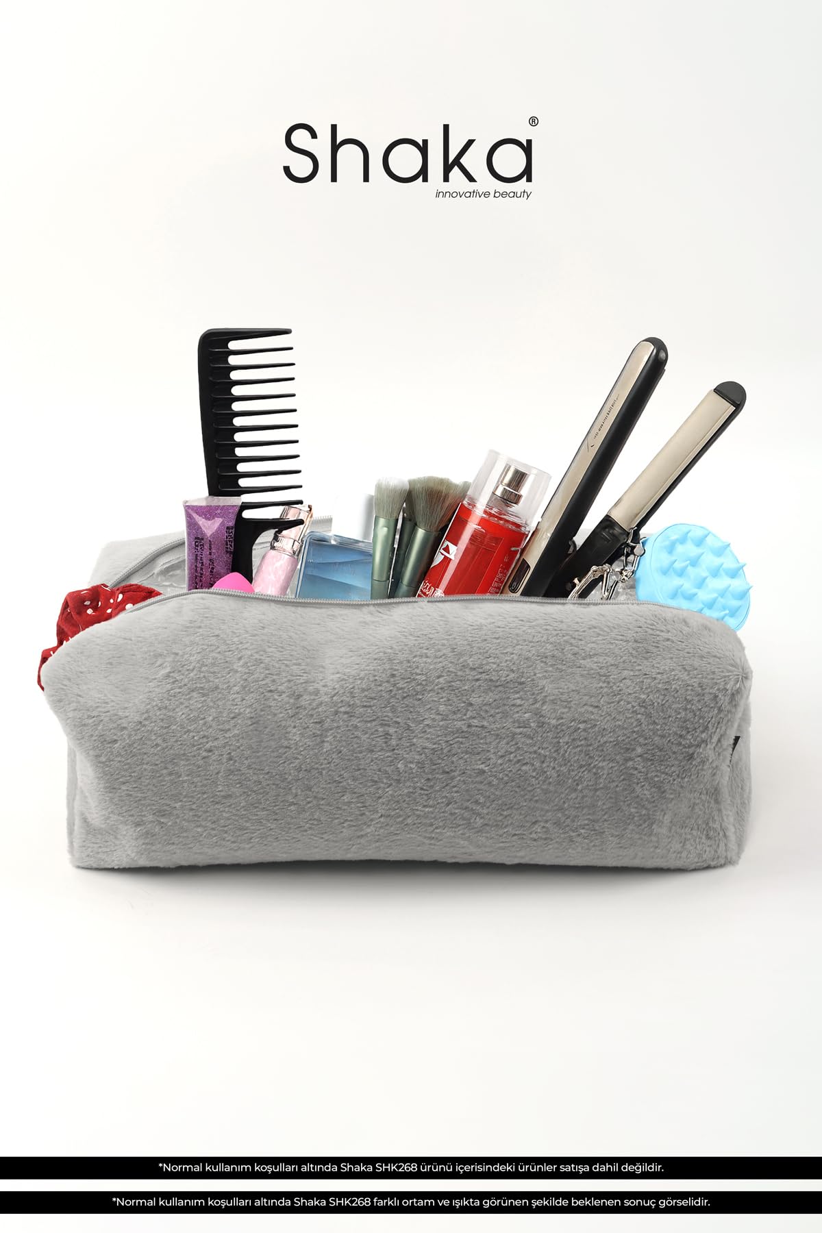 SHAKA Gri SHK268 XL Boy Peluş Kumaş Saç Şekillendirici Makyaj ve Seyahat Çantası