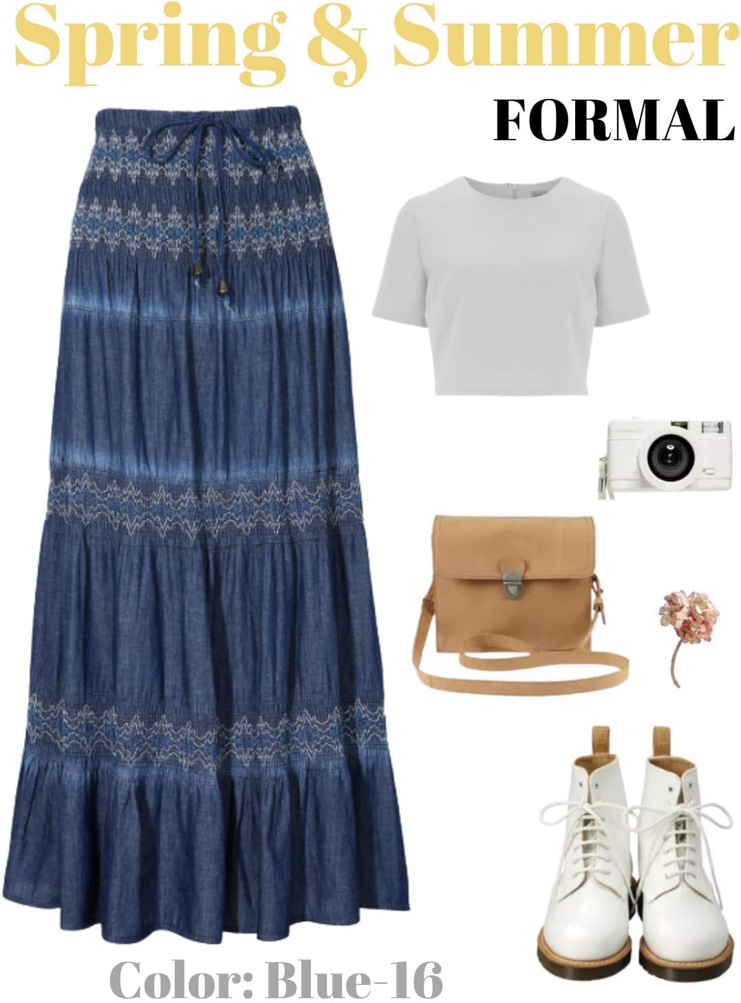 Women's Denim Boho Maxi Skirts Elastic High Waist Ruffle Tied A Line Flowy Long Jeans Skirts - Image 3
