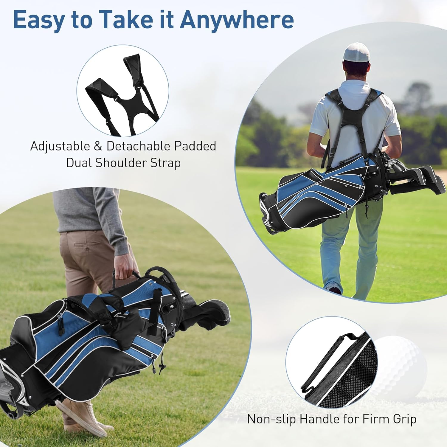 Golf Stand Bag with 6 Way Dividers, Lightweight Golf Club Bag w/ 8 Pockets, Rain Hood, Ergonomic Straps, Portable Golf Bag for Men Women