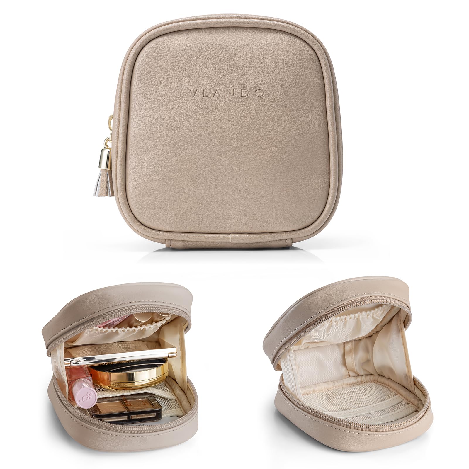 Vlando Small Makeup Bag for Women Girls, Mini Makeup Bag Pouch for Purse, Waterproof Cosmetic Bag with Wide-Opening Zipper, Portable Travel Makeup Bag Toiletry Bag, Travel Essentials, Toffee