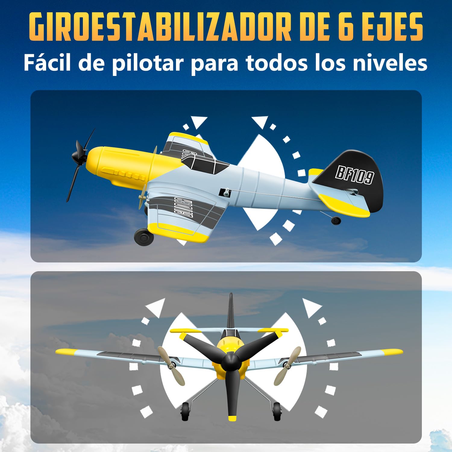 HAWK'S WORK 3 Canales RC Avión BF-109, Avión Teledirigido Listo para Volar, 2.4GHz Estabilizador Giroscópico de 6 Ejes, Fácil de Volar para Niños y Principiantes